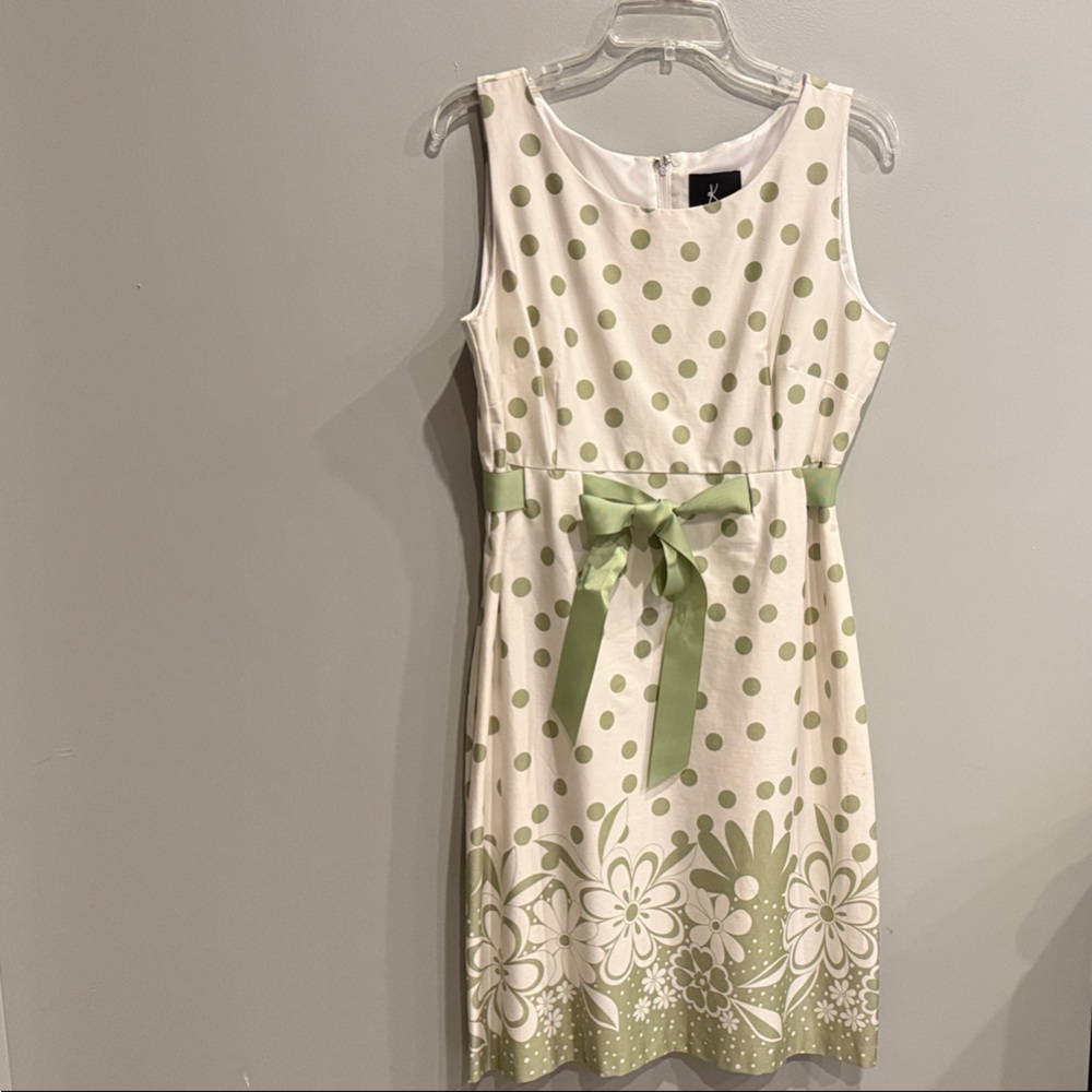Elegant Polka Dot Floral Dress in Green and White